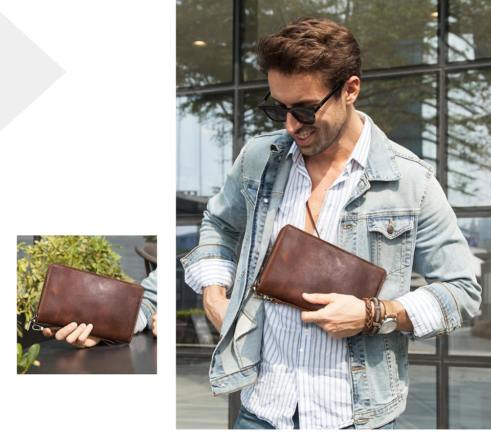 Mini pochette homme en cuir Marron / 13.5 x 22.5 x 3.5 cm-ShopGET® 