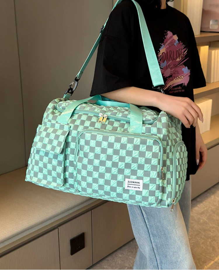 Sac weekend femme à décor plaid Rose-Pourpre-Gris-Noir-Bleu-Vert-ShopGET® 