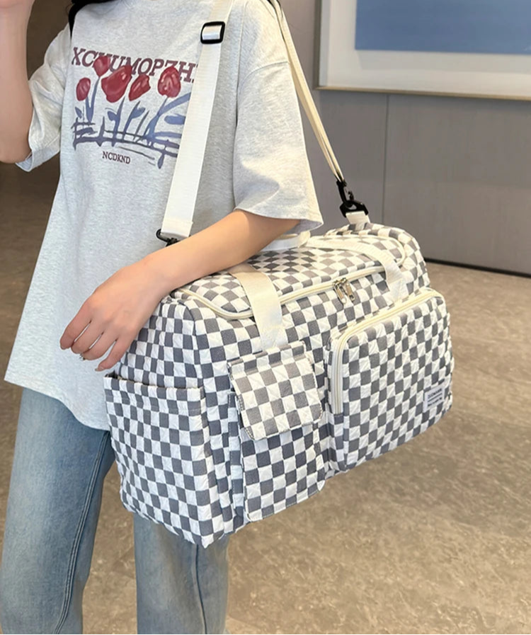 Sac weekend femme à décor plaid Rose-Pourpre-Gris-Noir-Bleu-Vert-ShopGET® 