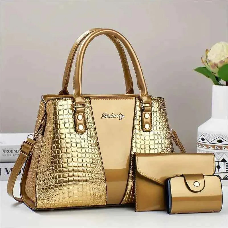 Sac cabas femme faux cuir 3 pièces Noir-Or-Rose-Rouge-Marron-Kaki-ShopGET® 