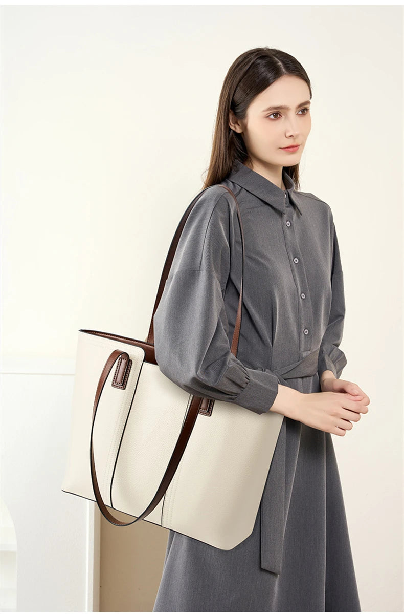 Grand sac cabas en cuir blanc Blanc-Noir-ShopGET® 