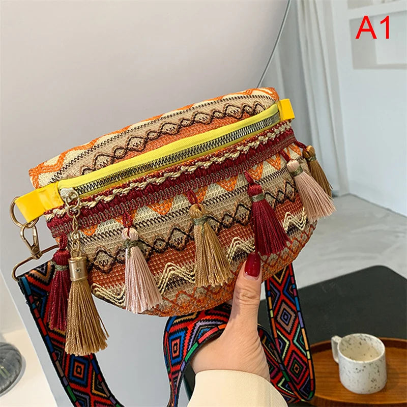 sac banane femme tendance tissé à pompon