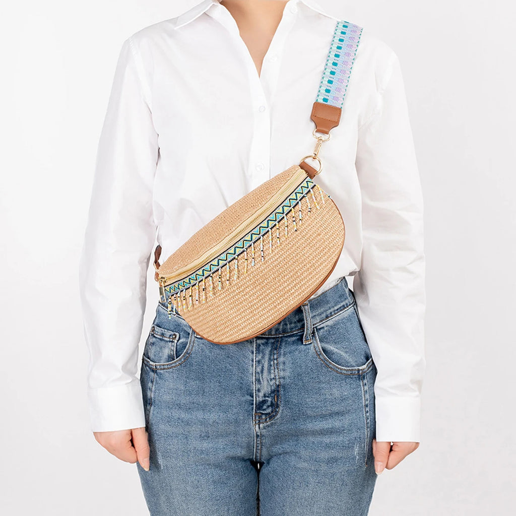 sac banane femme tendance de paille perlé