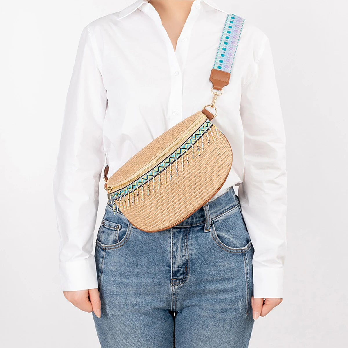 sac banane femme tendance de paille perlé