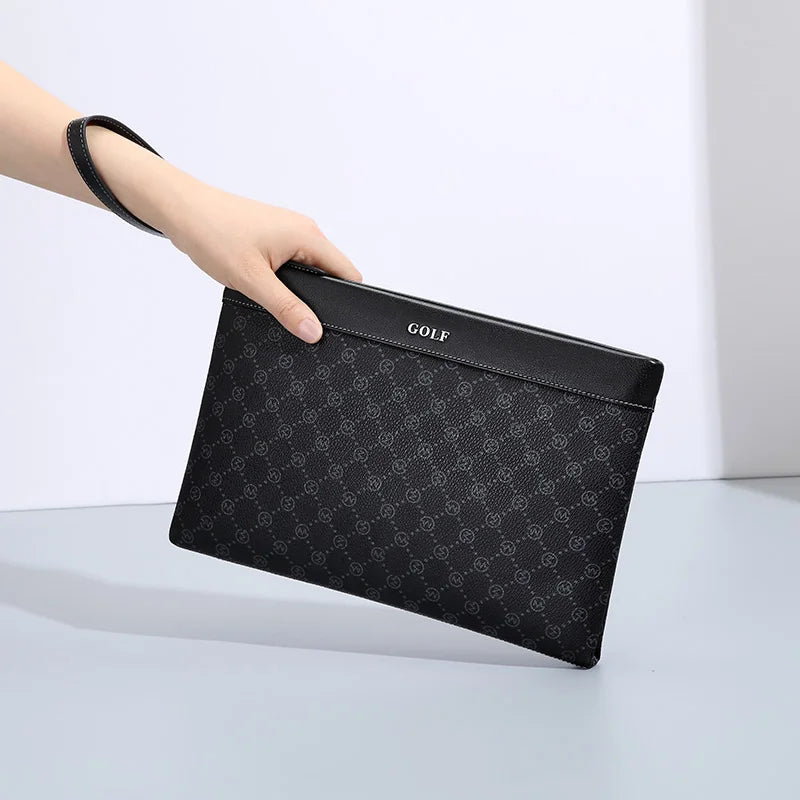 Pochette homme en cuir noir avec décoration plaid Noir-ShopGET® 