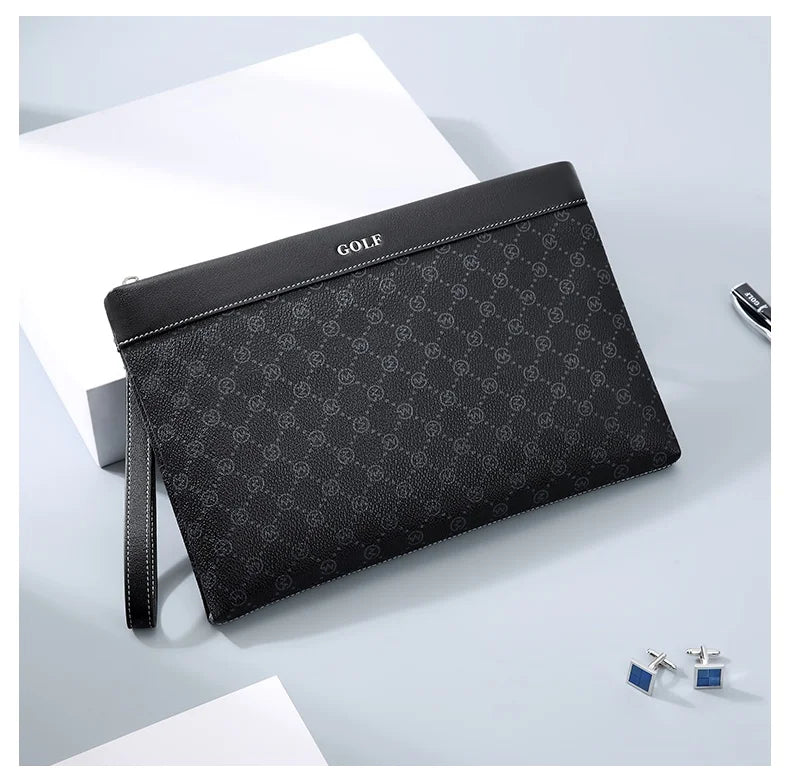 Pochette homme en cuir noir avec décoration plaid Noir-ShopGET® 