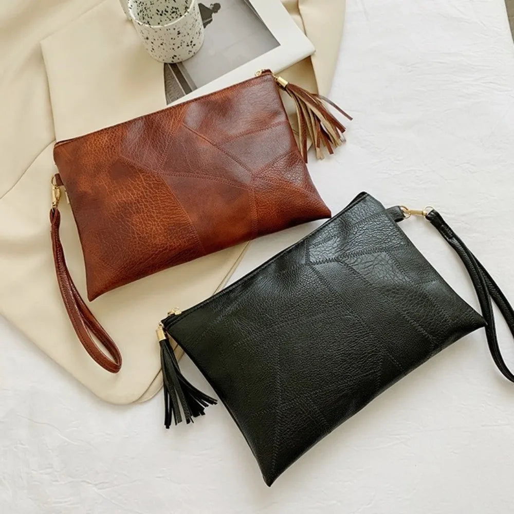 Pochette femme luxe en cuir solide Noir-Rouge Vin-ShopGET® 