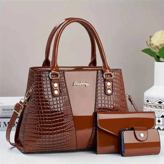 Sac cabas femme faux cuir 3 pièces Noir-Or-Rose-Rouge-Marron-Kaki-ShopGET® 