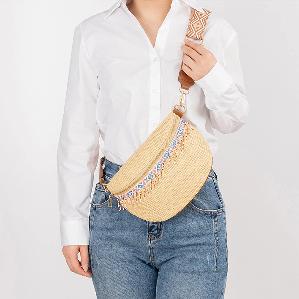sac banane femme tendance de paille perlé