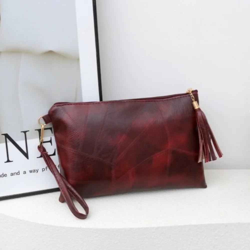 Pochette femme luxe en cuir solide Noir-Rouge Vin-ShopGET® 