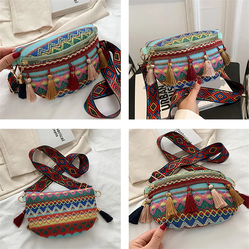 sac banane femme tendance tissé à pompon