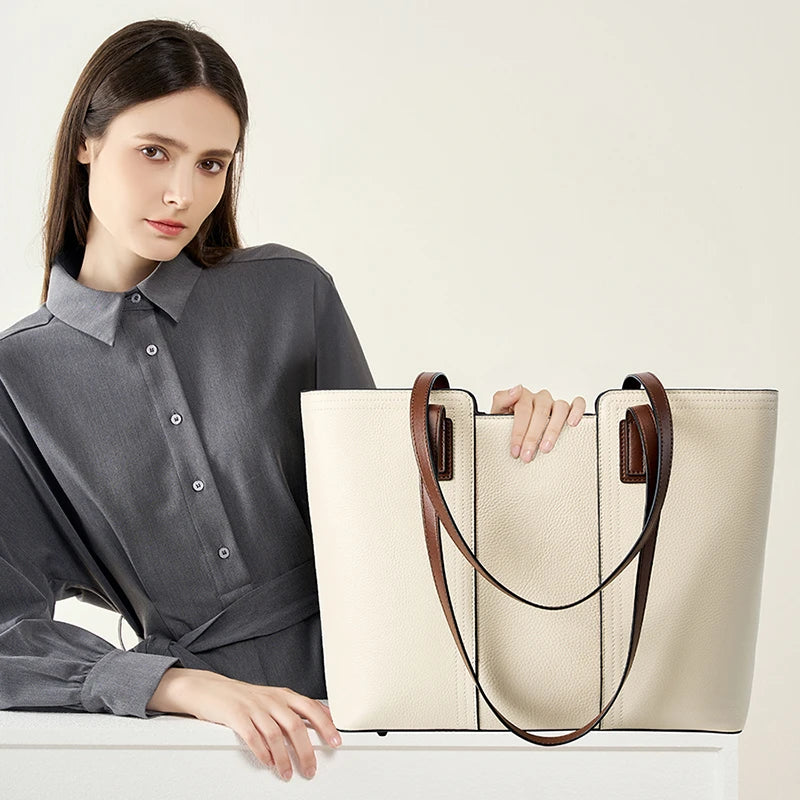 Grand sac cabas en cuir blanc Blanc-Noir-ShopGET® 