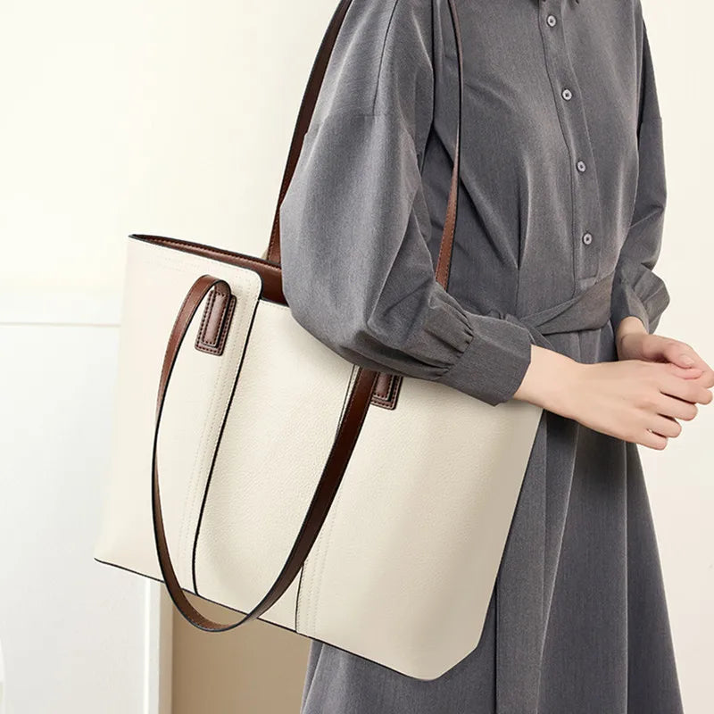 Grand sac cabas en cuir blanc Blanc-Noir-ShopGET® 