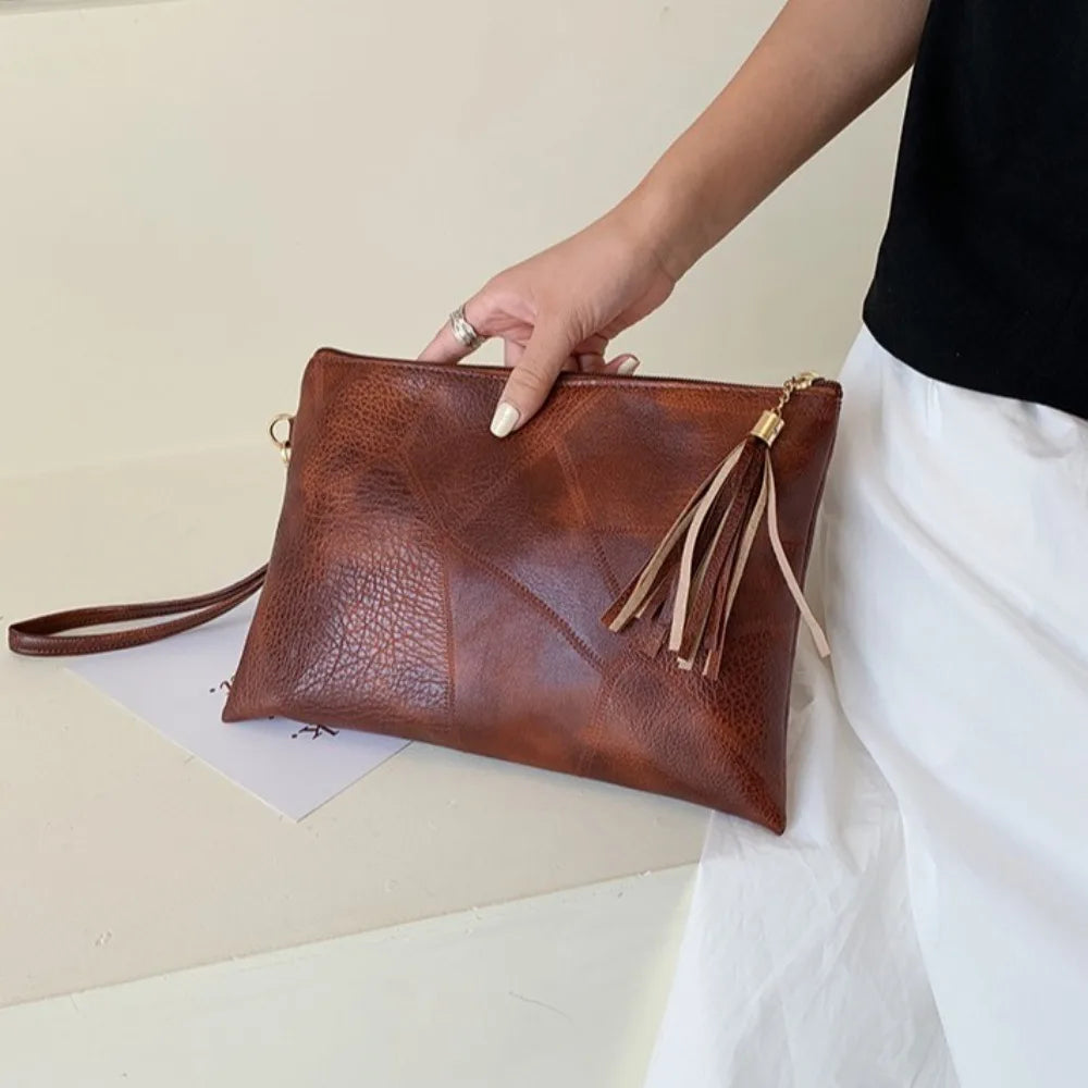 Pochette femme luxe en cuir solide Noir-Rouge Vin-ShopGET® 