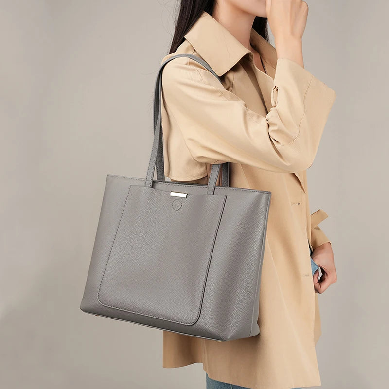 Sac cabas en cuir grand et simple Marron-Gris-ShopGET® 