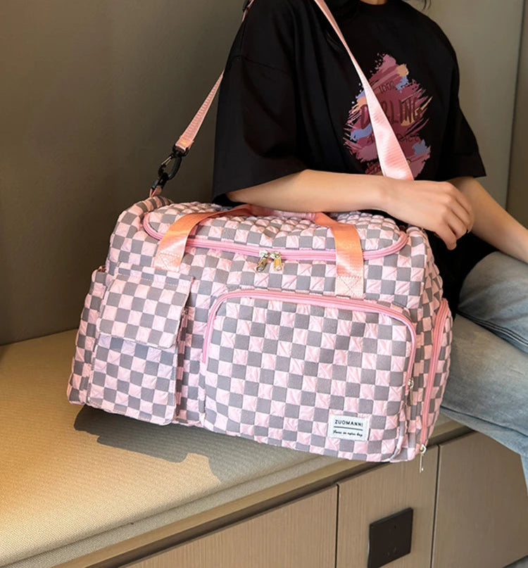 Sac weekend femme à décor plaid Rose-Pourpre-Gris-Noir-Bleu-Vert-ShopGET® 