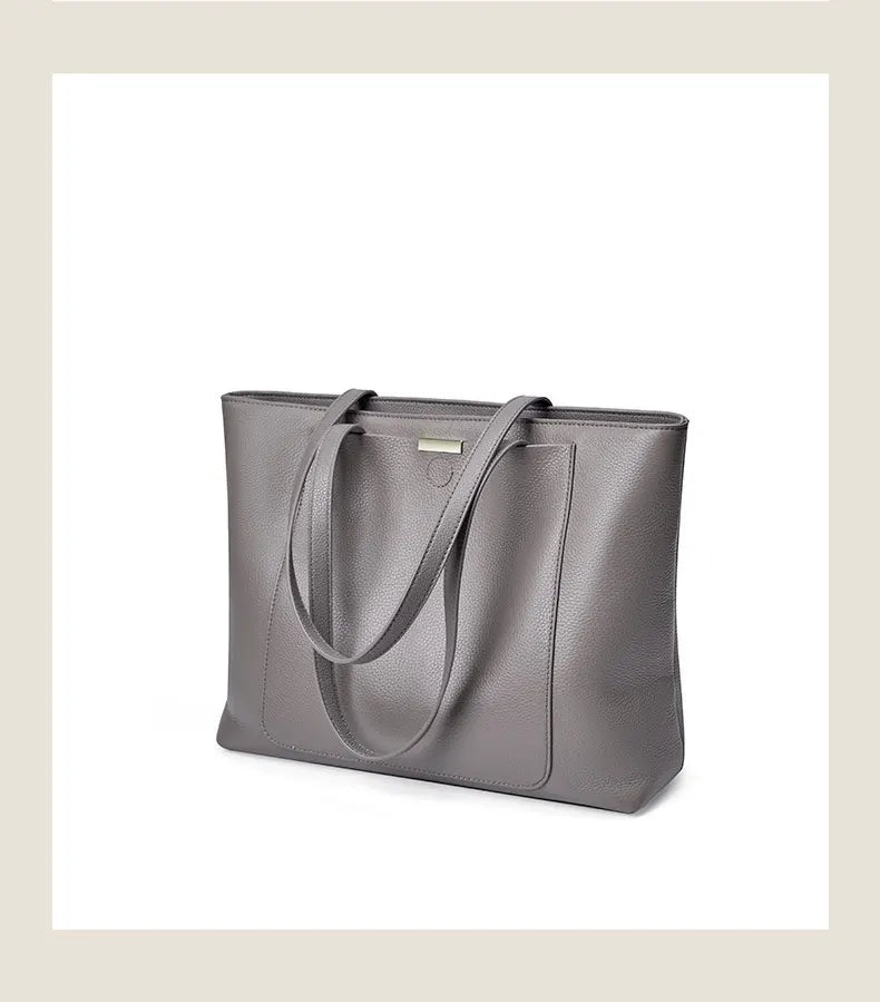 Sac cabas en cuir grand et simple Marron-Gris-ShopGET® 
