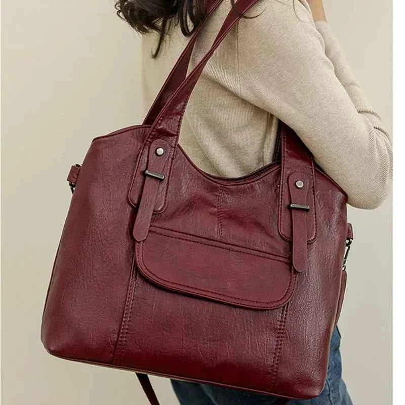 Sac cabas femme en cuir avec bandoulière Bleu-Kaki-Pourpre-Marron-Noir-Vin rouge-ShopGET® 