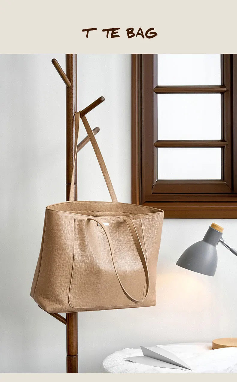 Sac cabas en cuir grand et simple Marron-Gris-ShopGET® 
