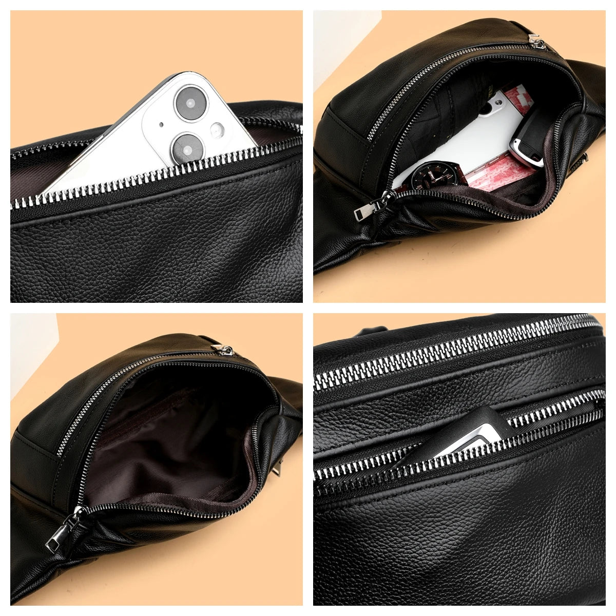 Sac banane homme cuir marron solide