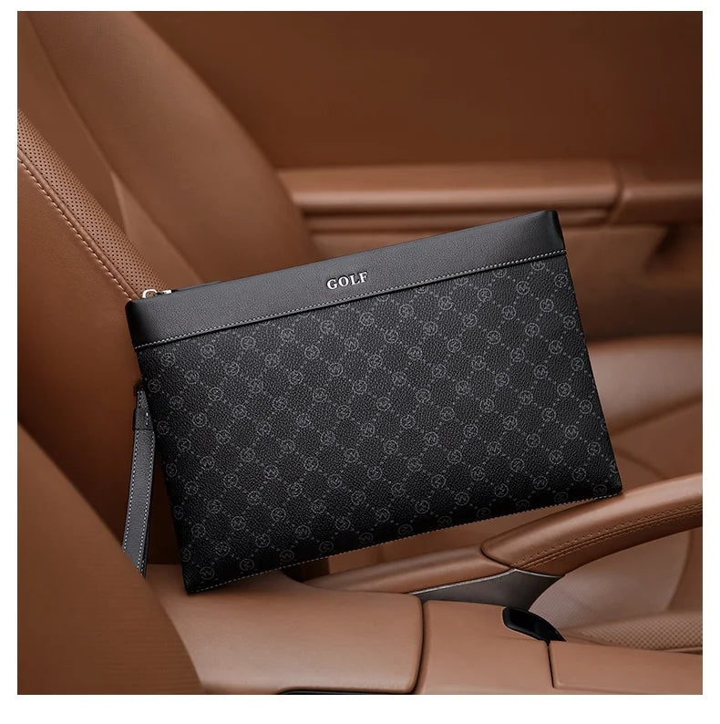 Pochette homme en cuir noir avec décoration plaid Noir-ShopGET® 