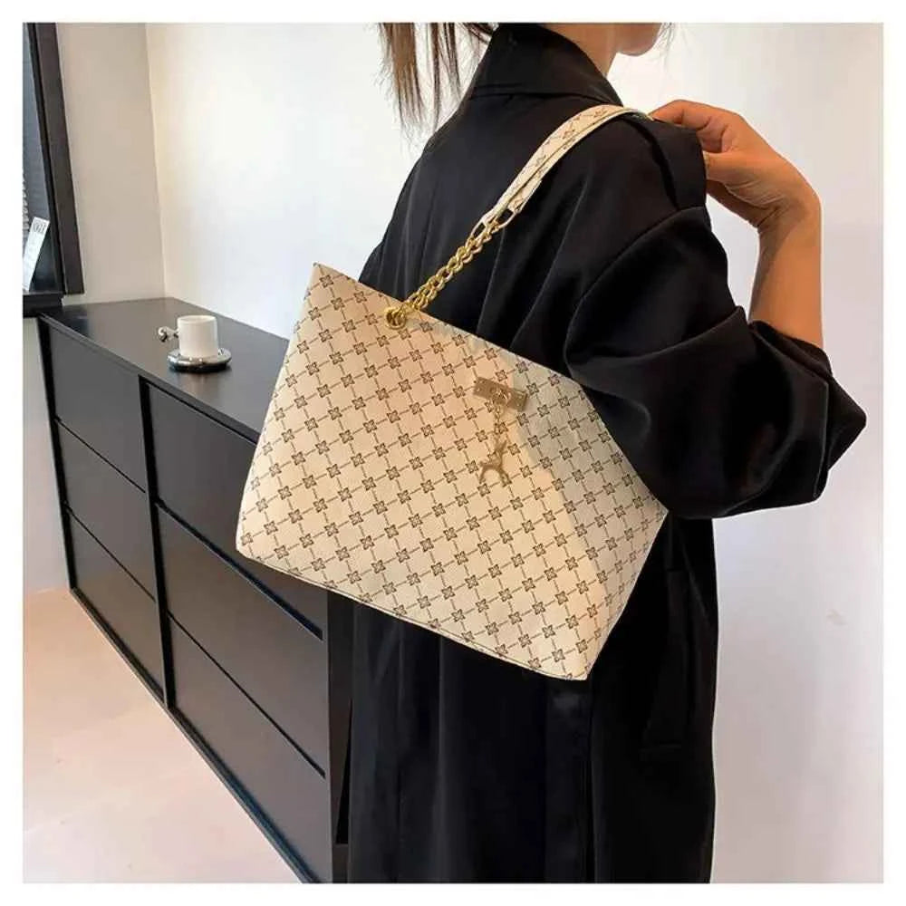 Sac cabas femme design en plaid Blanc-Noir-Jaune-Marron-ShopGET® 