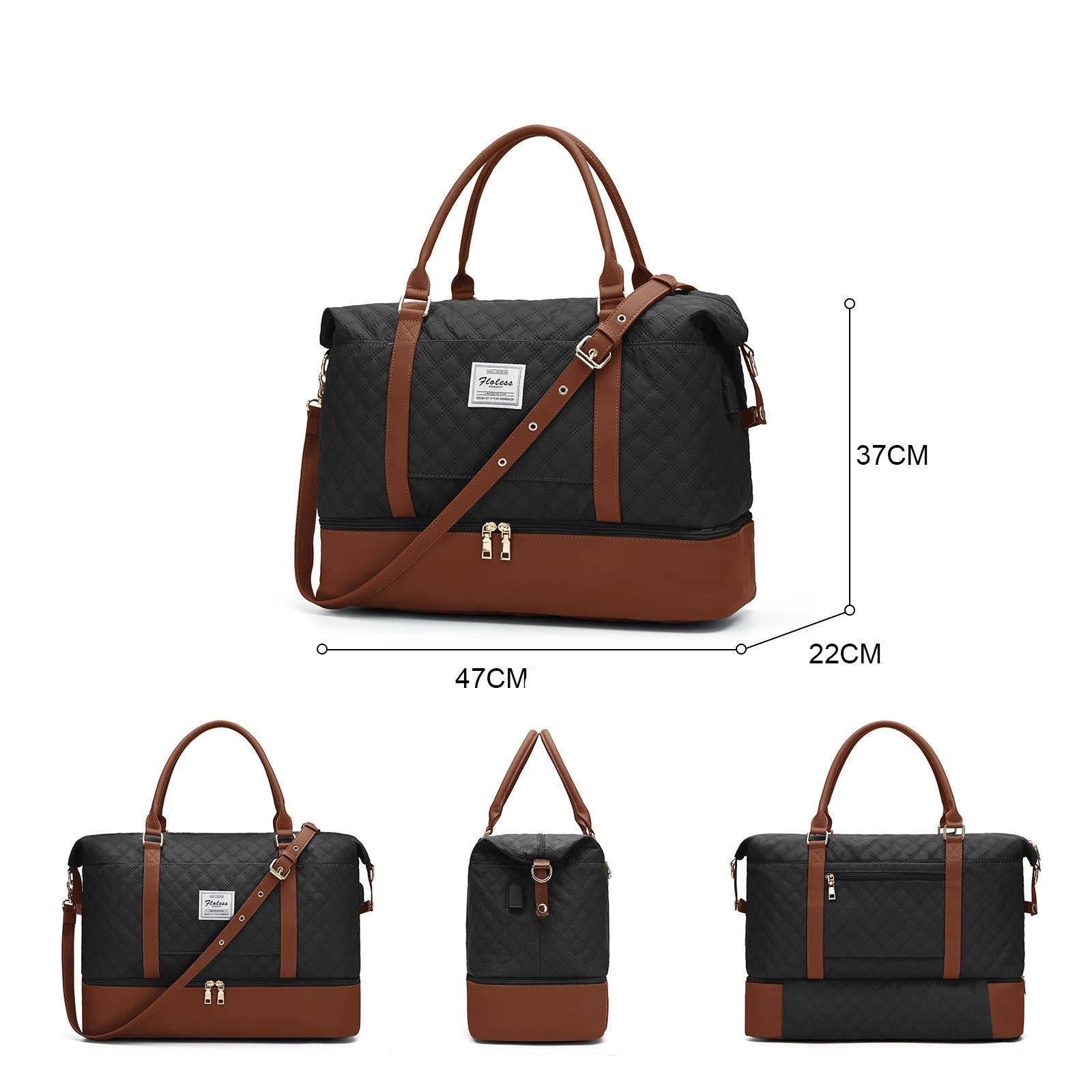 Sac weekend matelassé pour femme Vert-Kaki-Bleu-Beige-Noir-Noir & Marron-ShopGET® 