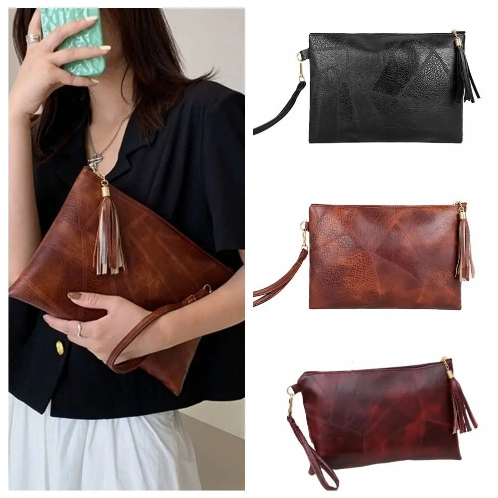 Pochette femme luxe en cuir solide Noir-Rouge Vin-ShopGET® 