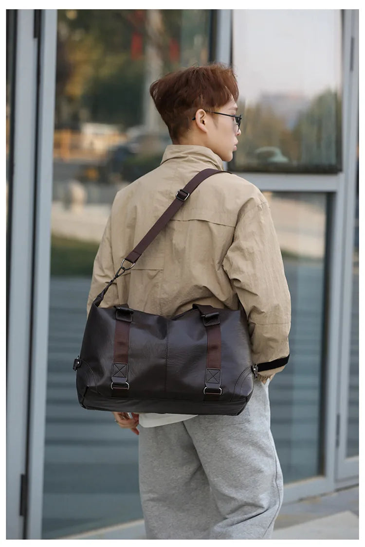 Sac weekend femme business en PU cuir Marron-Noir-ShopGET® 