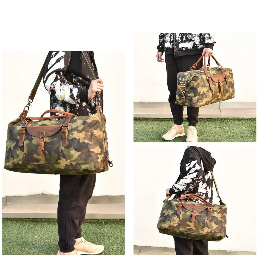 Sac weekend homme en cuir à grande capacité Camouflage-Kaki-Gris-ShopGET® 