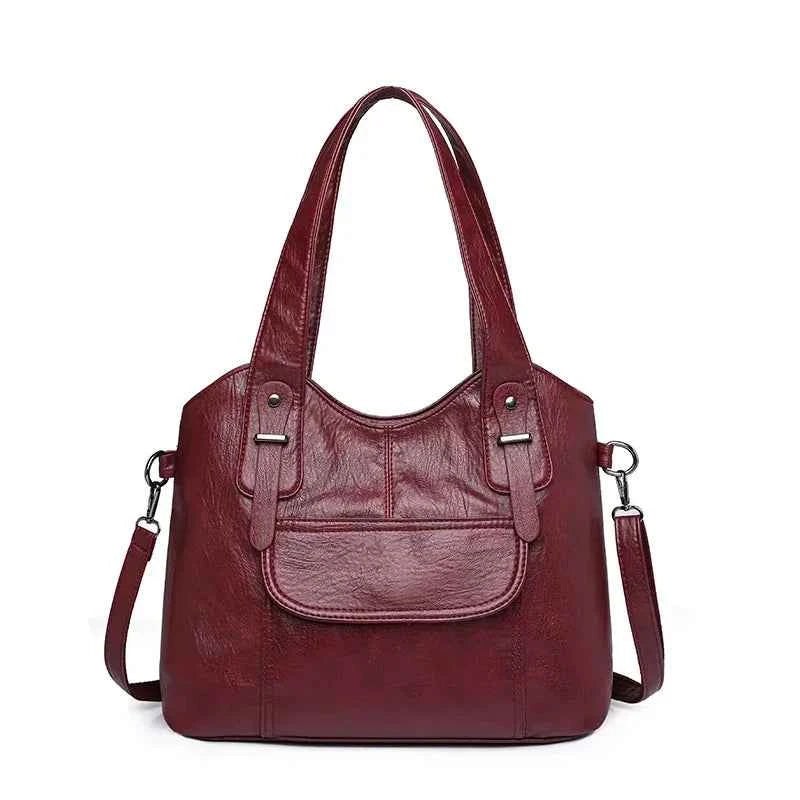 Sac cabas femme en cuir avec bandoulière Bleu-Kaki-Pourpre-Marron-Noir-Vin rouge-ShopGET® 