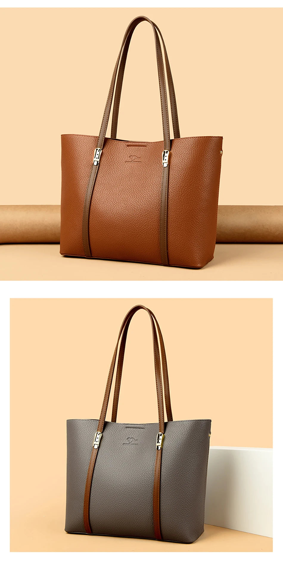 Sac cabas noir été cuir brillant Kaki-Gris-Apricot-Noir-Marron A-Marron B-ShopGET® 