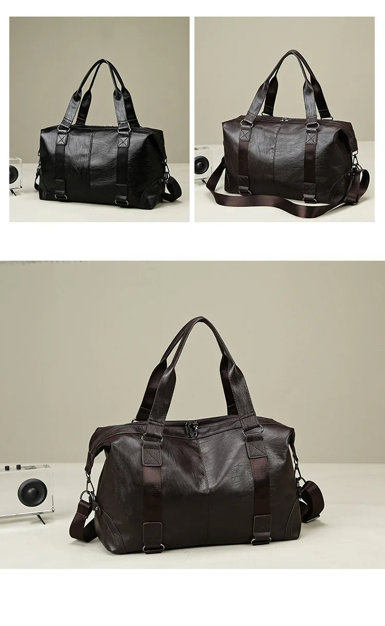 Sac weekend femme business en PU cuir Marron-Noir-ShopGET® 