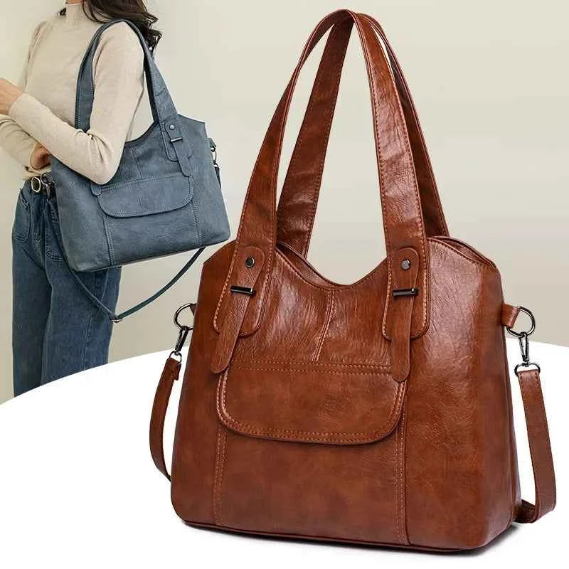 Sac cabas femme en cuir avec bandoulière Bleu-Kaki-Pourpre-Marron-Noir-Vin rouge-ShopGET® 