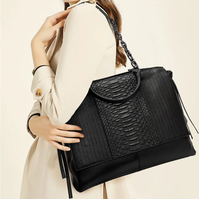 Sac cabas en cuir noir femme Noir-ShopGET® 