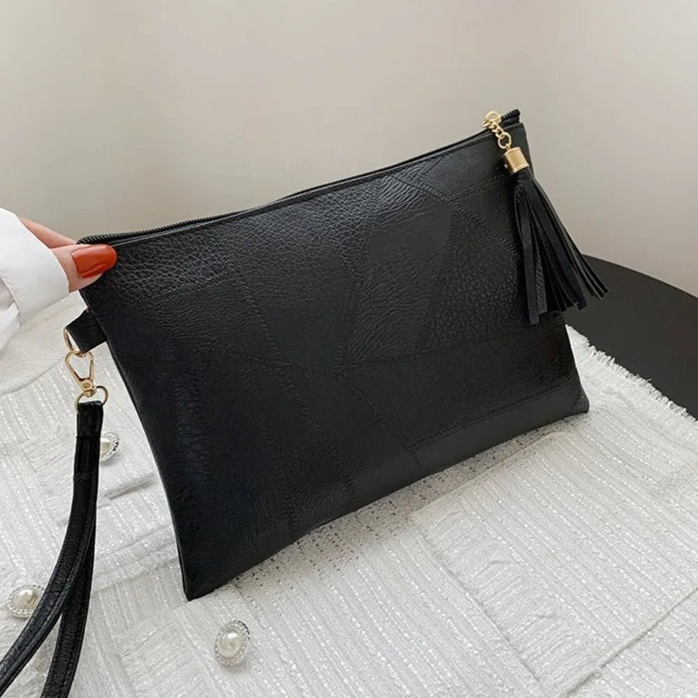 Pochette femme luxe en cuir solide Noir-Rouge Vin-ShopGET® 