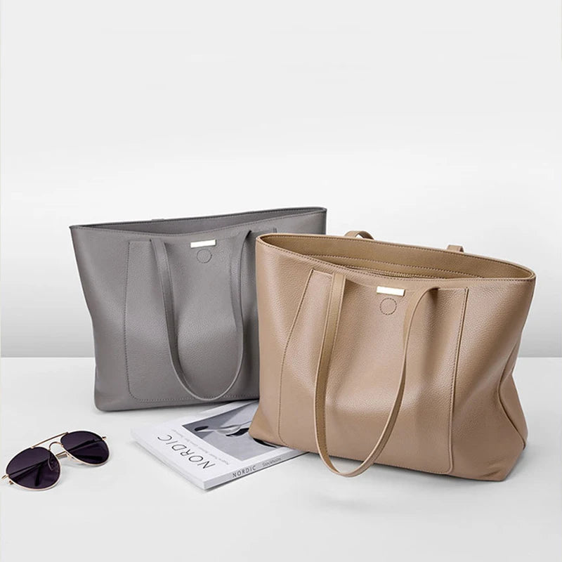 Sac cabas en cuir grand et simple Marron-Gris-ShopGET® 