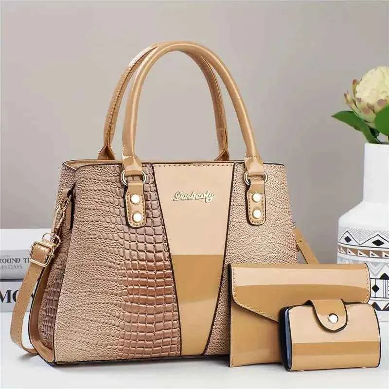 Sac cabas femme faux cuir 3 pièces Noir-Or-Rose-Rouge-Marron-Kaki-ShopGET® 