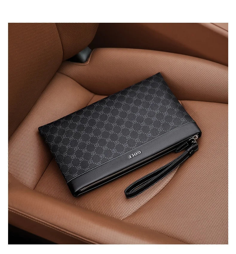 Pochette homme en cuir noir avec décoration plaid Noir-ShopGET® 