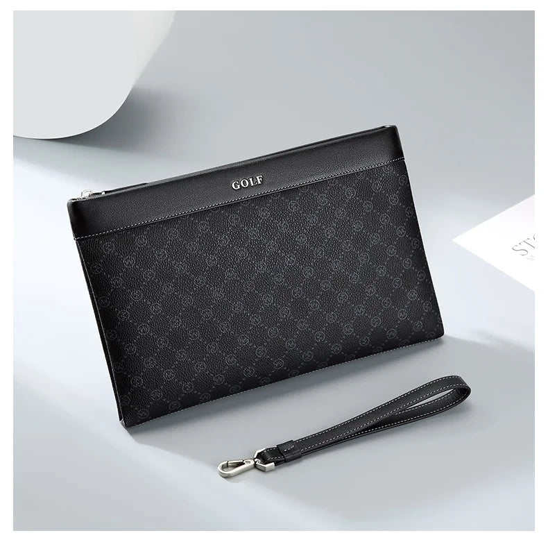Pochette homme en cuir noir avec décoration plaid Noir-ShopGET® 